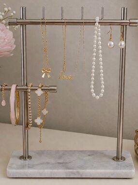 Silver Jewelry T-Bar Stand with White Marble Base